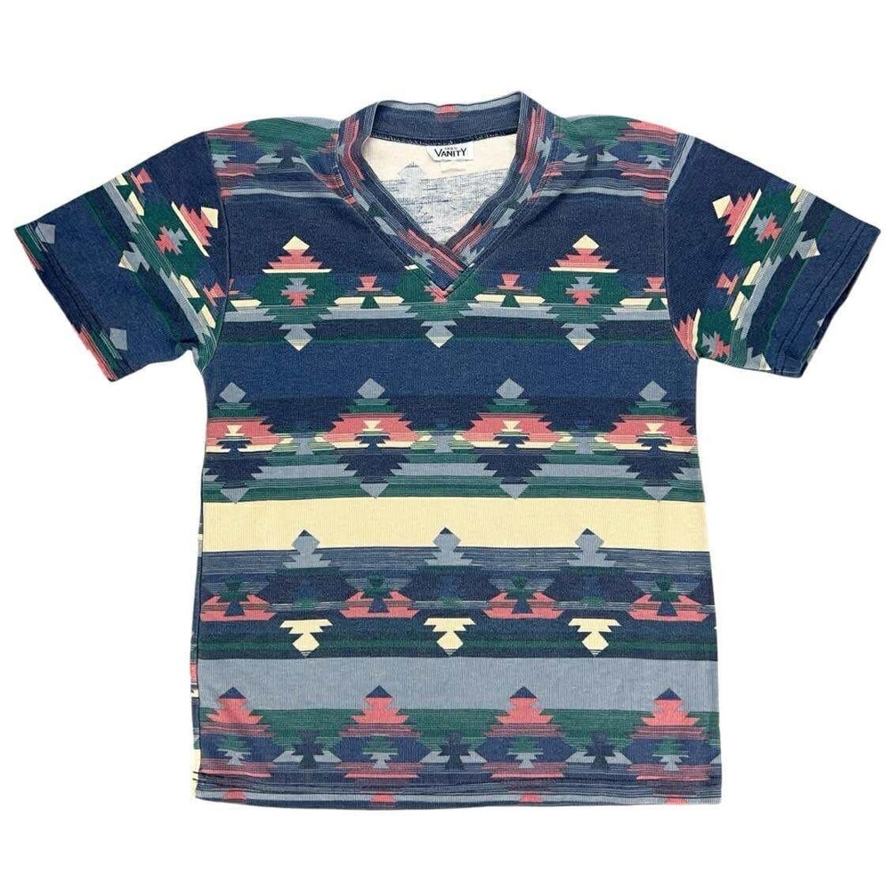 Vanity Womens Small Aztec Southwestern‎ Geometric Print V Neck T Shirt Top EUC